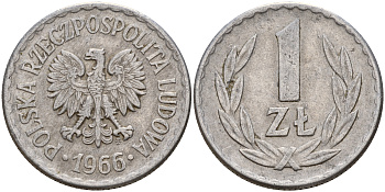 Польша 1 злотый 1966 MW KM 49.1 алюминий    4187-356