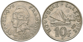 Французская Новая Каледония 10 франков 2008 рыбачья парусная лодка, (IEOM) KM 11a, Schoen 13a, Lec 99k медно-никель 60-343