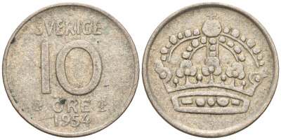 Швеция 10 эре 1954 Густав VI Адольф (1950-1973) KM 823 серебро 4147-869