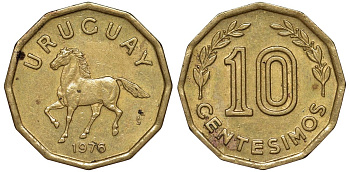 Уругвай 10 сентесимо 1976 KM 66 алюминиевая бронза 4164-738