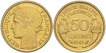 ФРАНЦИЯ 50 САНТИМОВ 1941 ТИП MORLON KM 894.1, LE FRANC 192.18 алюминиевая бронза 44-556