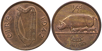 ИРЛАНДИЯ 1/2 ПЕННИ 1942 СВИНЬЯ С ПОРОСЯТАМИ KM 10 бронза 4393-1243
