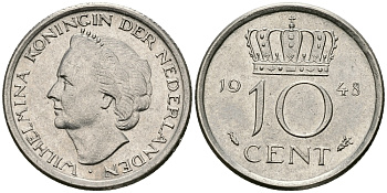 Нидерланды 10 центов 1948 Вильгельмина (1895-1948) KM 177 никель 96-531