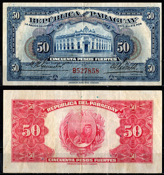 Парагвай 50 песо 1923 (1936) здание Банка Республики, Асунсьон Pick 166  бумага   451-1346-1