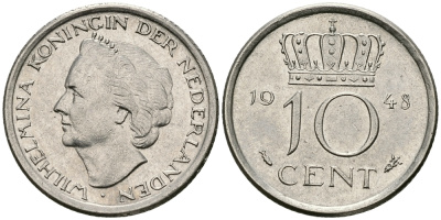 Нидерланды 10 центов 1948 Вильгельмина (1895-1948) KM 177 никель 96-531