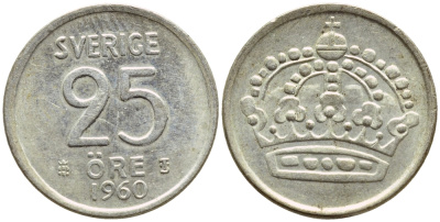 Швеция 25 эре 1960 TS, Густав VI Адольф (1950-1973) KM 824 серебро 4396-522