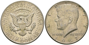 США 1/2 доллара (50 центов) 1967 Джон Кеннеди KM 202a серебро 221-1016