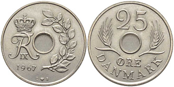 ДАНИЯ 25 ЭРЕ 1967 С;S, ФРЕДЕРИК IX (1947-1972) KM 855.1 медно-никель 202-733