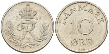 ДАНИЯ 10 ЭРЕ 1955 N; S, ФРЕДЕРИК IX (1947-1972) KM 841.1 медно-никель 3996-1049