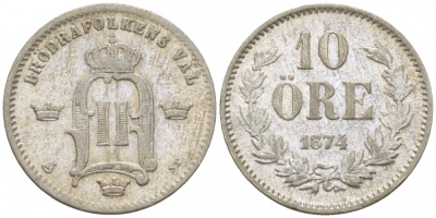 Швеция 10 эре 1874 ST, Оскар II (1872-1907) король Швеции и Норвегии KM 7937 (517) серебро 1515-625