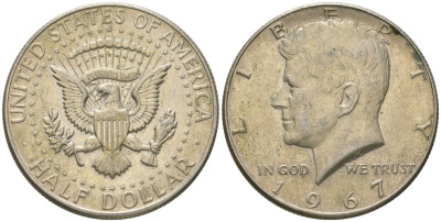 США 1/2 доллара (50 центов) 1967 Джон Кеннеди KM 202a серебро 221-1016