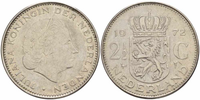 Нидерланды 2 1/2 гульдена 1972 Юлиана (1948-1980) KM 191 никель 38-813