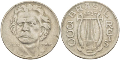 БРАЗИЛИЯ 300 РЕЙС 1937 БРАЗИЛЬСКИЙ КОМПОЗИТОР АНТОНИО КАРЛОС ГОМЕС (1836-1896), АРФА KM 538 медно-никель 4529-614