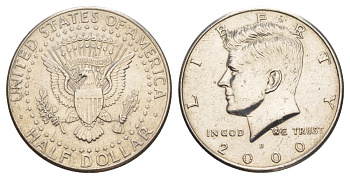 США 1/2 доллара (50 центов) 2000 D, Джон Кеннеди KM A202b медь плакированная медно-никелем aUNC 4517-323