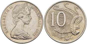 Австралия 10 центов 1975 Елизавета II (1952-), птица лирахвост KM 65 медно-никель 4382-947