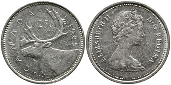 КАНАДА 25 ЦЕНТОВ 1985 ЕЛИЗАВЕТА II (1952-), ОЛЕНЬ, ВТОРОЙ ПОРТРЕТ В КОРОНЕ KM 74 никель 4543-747