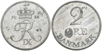 ДАНИЯ 2 ЭРЕ 1955 C; S, ФРЕДЕРИК IX (1947-1972) KM 840.1 цинк 110-957