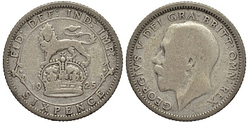 Великобритания 6 пенсов 1925 Георг V (1910-1936), узкий ободок KM 815a.2, Spink 4025 серебро 4539-153