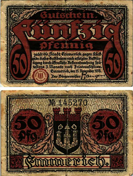 Германия, Эммерих 50 пфеннигов 1918 нотгельд, 15.11.1918 Tie.1710/10 бумага 6318-27-2-2