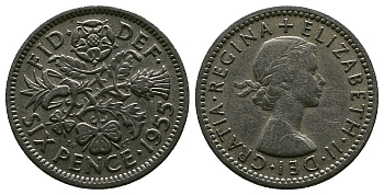 Великобритания 6 пенсов 1955 Елизавета II (1952-2022) KM 903, Spink 4149 медно-никель 4381-648