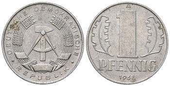 ГДР 1 пфенниг 1968 А КМ 8.1 алюминий 4651-1116