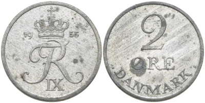ДАНИЯ 2 ЭРЕ 1955 C; S, ФРЕДЕРИК IX (1947-1972) KM 840.1 цинк 110-957