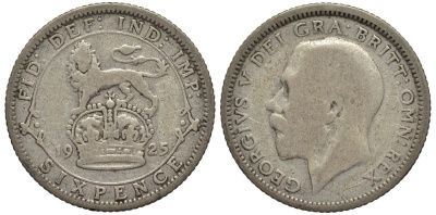 Великобритания 6 пенсов 1925 Георг V (1910-1936), узкий ободок KM 815a.2, Spink 4025 серебро 4539-153