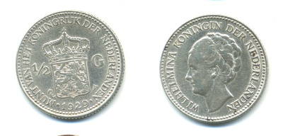 Нидерланды 1/2 гульдена 1929 Вильгельмина I (1890-1948) KM 160 серебро 84-961