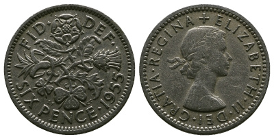 Великобритания 6 пенсов 1955 Елизавета II (1952-2022) KM 903, Spink 4149 медно-никель 4381-648