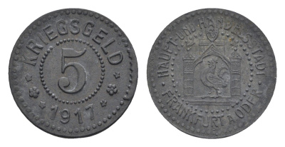 Франкфурт-на-Одере 5 пфеннигов 1917 Funck 137.1, Men05 7479.1, Men18 9402.1 цинк 4516-341