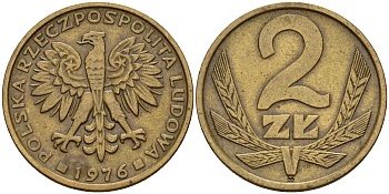 Польша 2 злотых 1976 Ленинградский монетный двор (ЛМД) KM 80.1, Parchimowicz 217b латунь  4161-1046