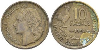 Франция 10 франков 1954 петух KM 915.1, Le Franc 363.10 алюминиевая бронза 175-632