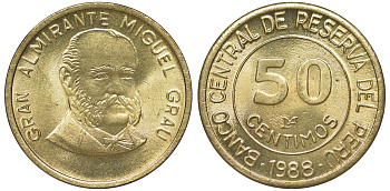 Перу 50 сентимо 1988 Мигель Грау Семинарио KM 295 латунь aUNC 4605-421