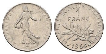 Франция 1 франк 1964 сеятель KM 925 никель 4673-1133