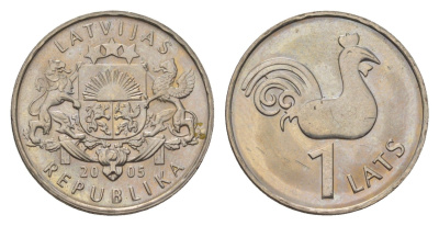 Латвия 1 лат 2005 Петух церкви Святого Петра KM 65 медно-никель UNC 4625-1063