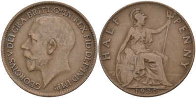Великобритания 1/2 пенни 1920 Георг V (1910-1936) KM 809, Spink 4056 бронза 4589-922