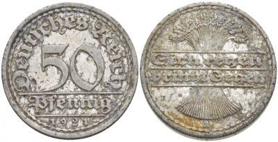 ГЕРМАНИЯ 50 ПФЕННИГОВ 1921 A KM 27, J. 301 алюминий 3718-913