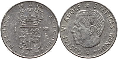 Швеция 1 крона 1969 Густав VI Адольф (1950-1973) KM 826a медь плакированная медно-никелем 4388-221