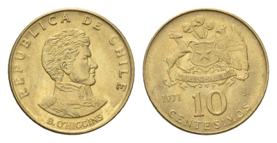Чили 10 сентесимо 1971 год-тип KM 194 алюминиевая бронза UNC 4689-131