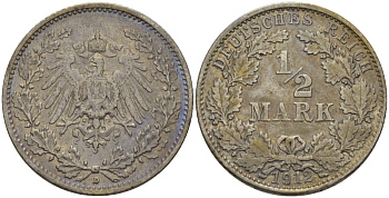 Германия 1/2 марки 1912 D, Вильгельм II (1888-1918) KM 17, J. 16 серебро серебро aUNC 65-241