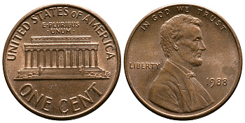 США 1 ЦЕНТ 1988 ЛИНКОЛЬН КМ 201b цинк плакированный медью 176-828
