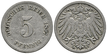 ГЕРМАНИЯ 5 ПФЕННИГОВ 1897 G KM 11, J. 12 медно-никель 39-725