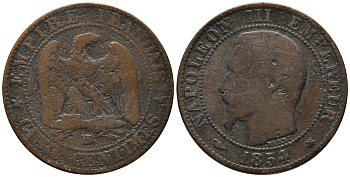 Франция 5 сантимов 1854 BB, Наполеон III (1852-1870) KM 777.3, Le Franc 116.10 бронза 34-1216