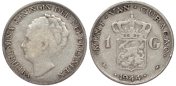 Нидерландское Кюрасао 1 гульден 1944 D, Вильгельмина (1890-1948) KM 45 серебро 36-547