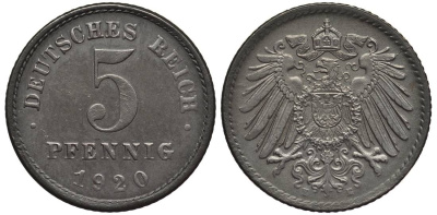 ГЕРМАНИЯ 5 ПФЕННИГОВ 1920 E KM 19, Jager 297, Weege 5 железо 4547-623