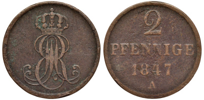 Ганновер 2 пфеннига 1847 A, Эрнст Август (1837-1851) KM 202.2, AKS 125, J. 75 медь 75-1911