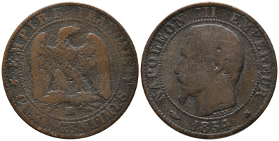 Франция 5 сантимов 1854 BB, Наполеон III (1852-1870) KM 777.3, Le Franc 116.10 бронза 34-1216