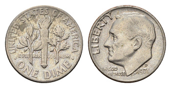 США 1 дайм (10 центов) 1971 D, Рузвельт KM 195a медь плакированная медно-никелем 4684-942