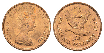 Фолклендские острова 2 пенса 1974 Елизавета II (1952-2022), магелланов гусь KM 3 бронза aUNC 4641-115