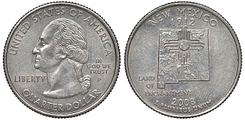 США 25 центов = квотер 2008 P, серия штаты США, Нью-Мексико KM 422 медь плакированная медно-никелем 4525-412